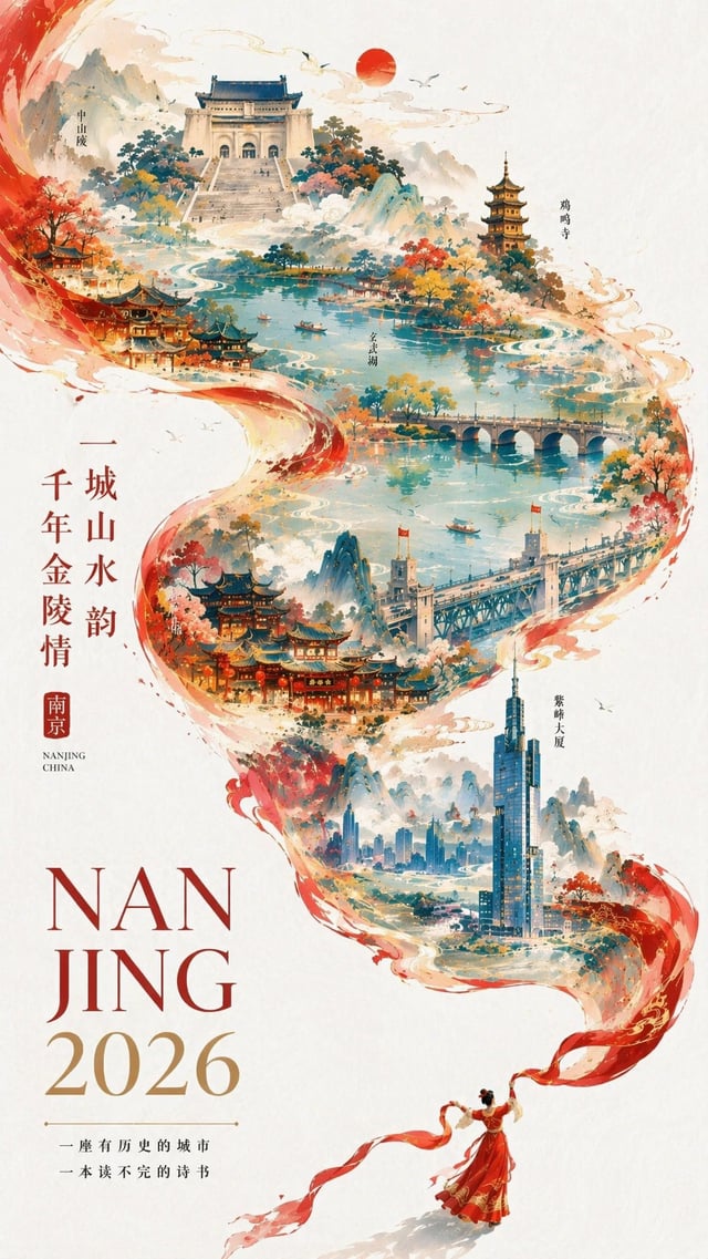 一张充满新春喜庆氛围但不失高雅格调的 2026 城市宣传海报。 双重曝光，构图延续了S型的流动感； 在纯白的纹理背景右下角，一个身穿中国传统服饰的微缩人物正在挥舞着一条长长的红色丝绸舞带，这条红绸在空