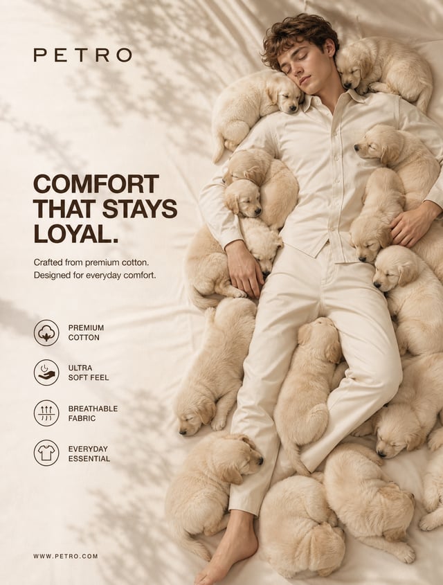 Luxury fashion campaign photoshoot for a premium clothing brand named "PETRO". A handsome young male