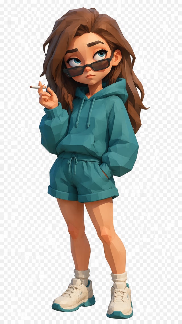 Create a charming low-poly 3D fantasy portrait of a woman with long chestnut brown hair, designed as