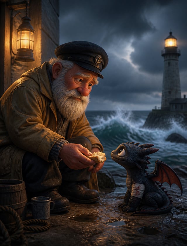 An old lonely lighthouse keeper shares his last piece of bread with a tiny injured dragon, stormy oc