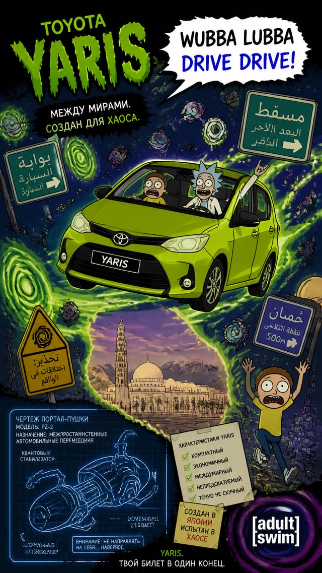 Текст на русском языкеCreate a chaotic interdimensional automotive poster of Toyota Yaris 