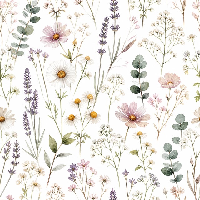A delicate watercolor wildflower botanical pattern featuring daisies, chamomile, lavender, baby's br