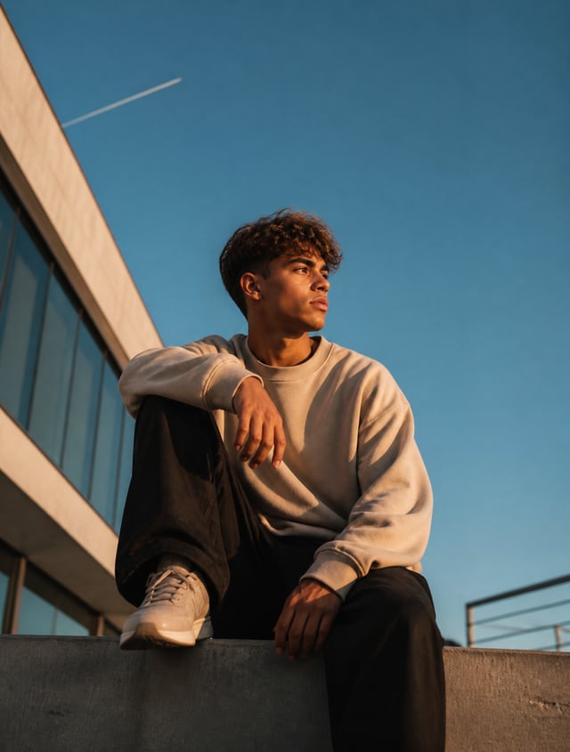 Create a cinematic lifestyle portrait of a stylish lamine yama sitting casually on the edge of a mod
