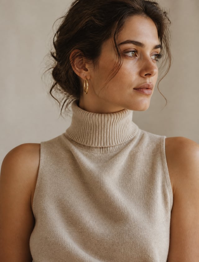 A single polished gold hoop earring catches a soft highlight on her left ear. She wears an elegant s