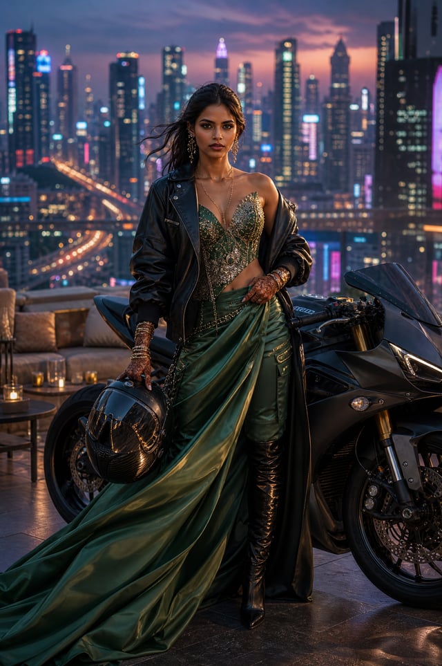 Ultra-realistic haute couture fashion editorial featuring a confident young Indian woman in an avant