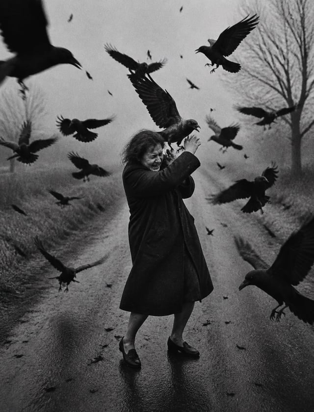 Strict black and white photograph, monochrome, no color. Rough 1970s horror film stock, high contras