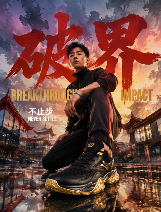 请以以下构图生成一张运动时尚的人物纵向照片（9:16）。■ STEP 0：账户颜色绑定- 主色：朱砂红 #C23A30 — 运动服线条、领子、拉链、侧边- 强调色：鎏金 #D4AF37 — 运动鞋鞋底
