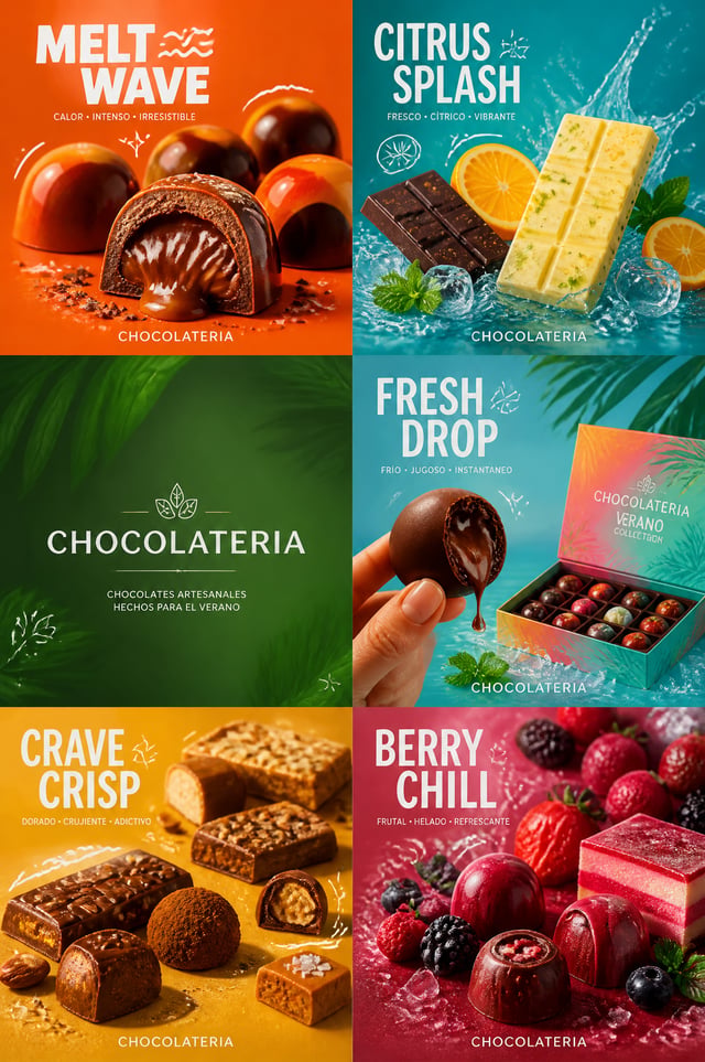 Crea un póster de campaña de verano de seis paneles (2x3) de altísima calidad para la marca de choco