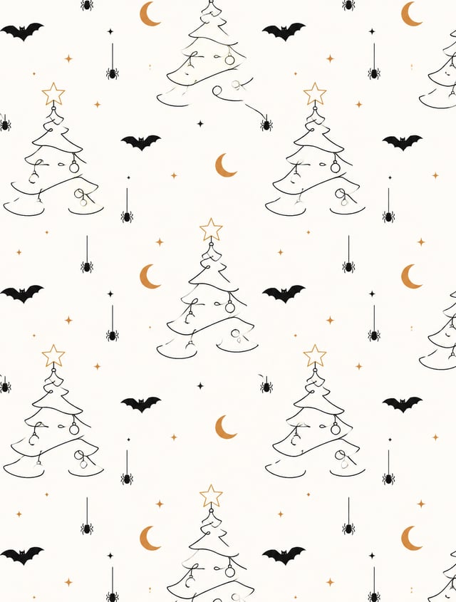 Repeating pattern design with small bats, spiders, and crescent moons scattered, minimalist black an