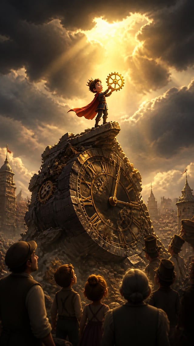 A small prince stands on top of a collapsed giant clocktower holding the last gear that keeps time r