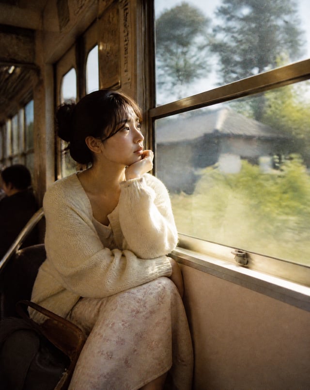 A beautiful Japanese woman sitting beside the window inside an old local train crossing the countrys