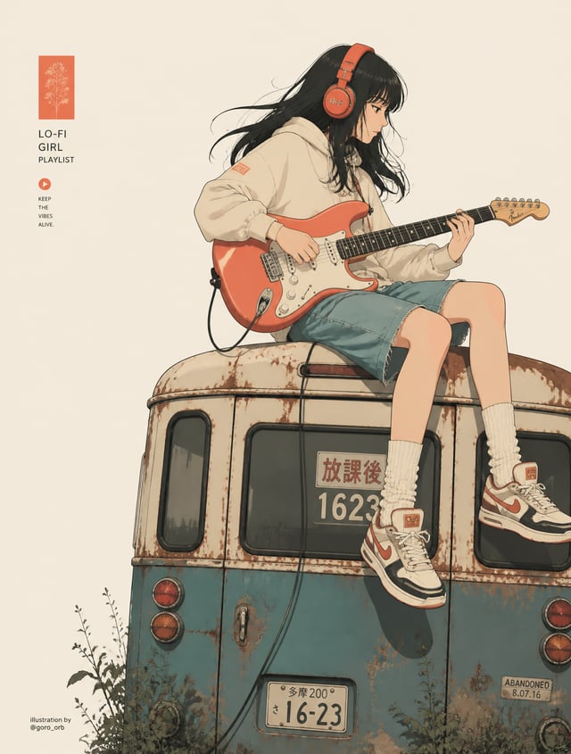 Minimalist anime-style illustration of a stylish teenage girl sitting on the back of an abandoned ol