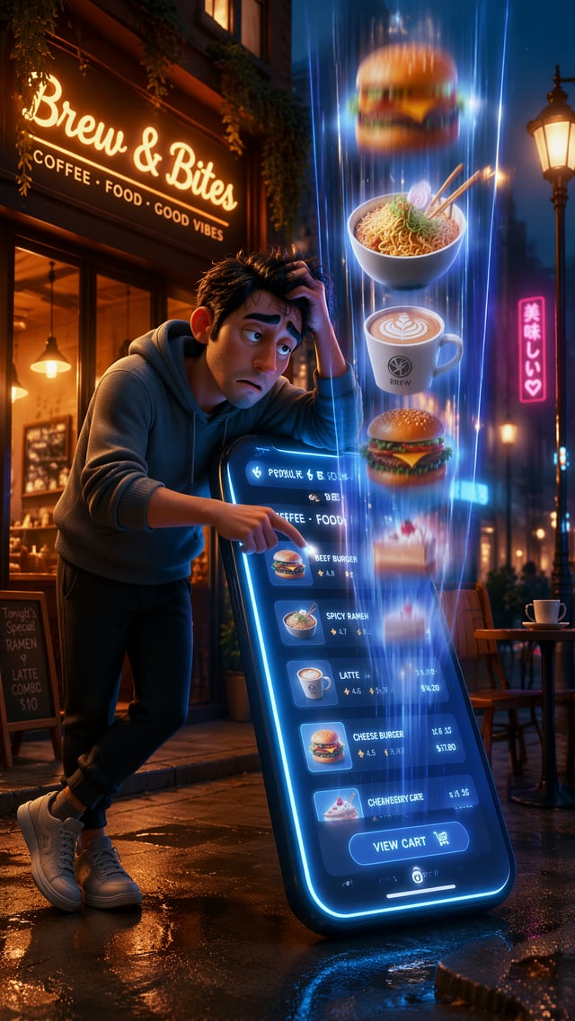 Modern 3D digital illustration. A visibly confused and exhausted character stands outside a cozy str