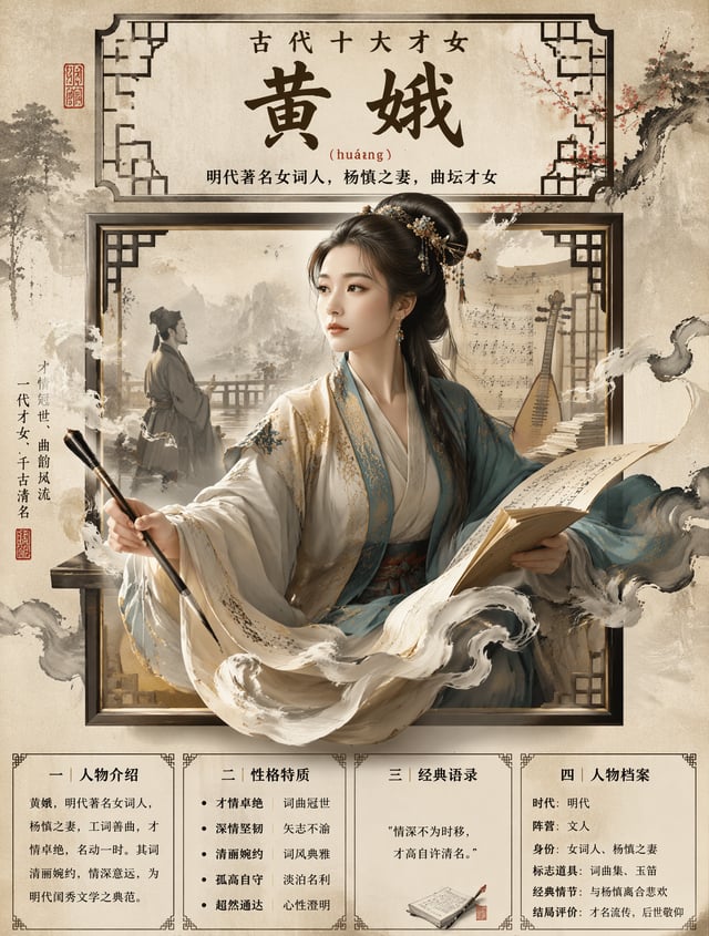 请生成一张【中国古典人物高端国风信息海报】。【人物】人物名称：{黄娥}【前置分析要求】请先基于该人物在中国古典文学、历史叙事或民间文化中的主流形象，完成并应用以下信息：人物拼音：huáng é 中文人