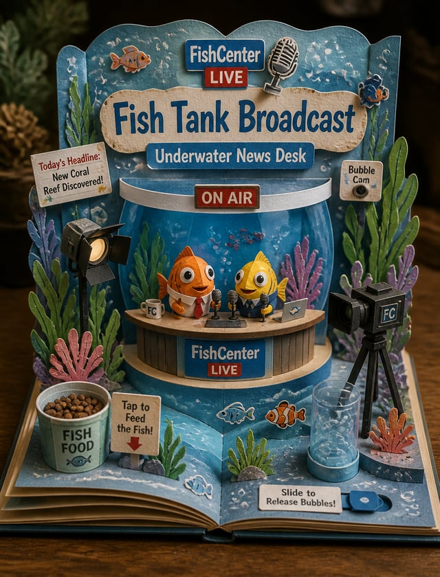 Create a FishCenter Live-themed 3D pop-up papercraft storybook diorama on wooden table, elevated ang
