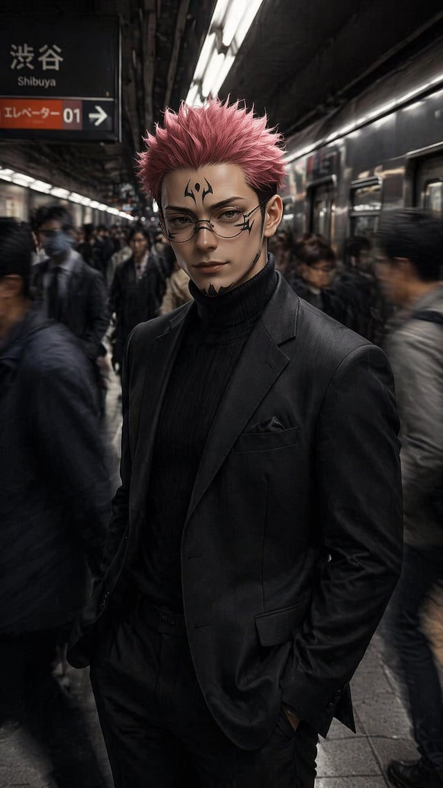 Cinematic portrait of a stylish man standing on a busy subway platform, wearing a dark tailored suit