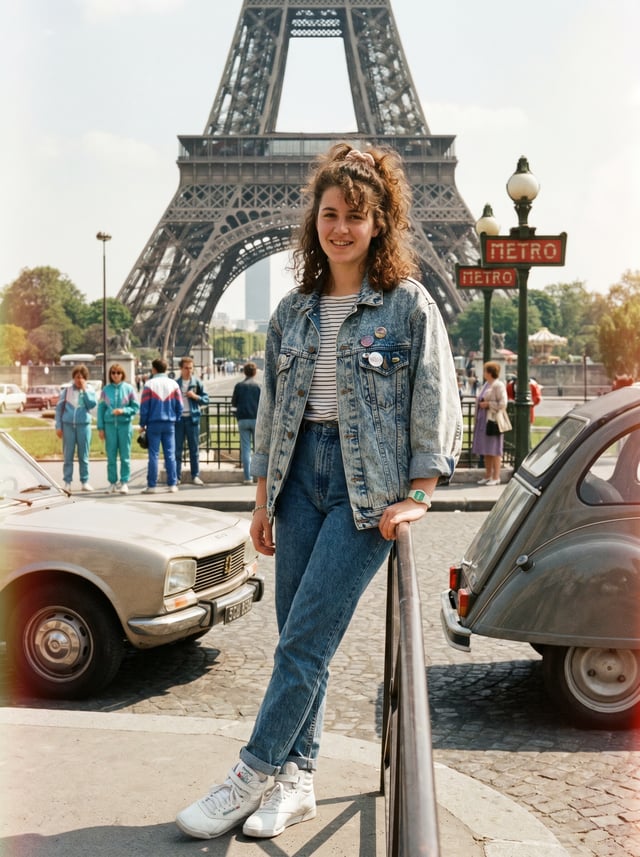 Transform the provided photo into a highly realistic scene set in the 1980s in front of the Eiffel T