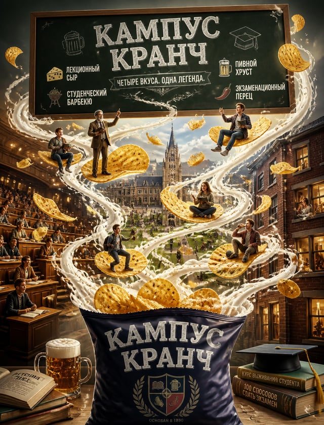 Премиальный вертикальный постер чипсов «КАМПУС КРАНЧ» в стиле университетской комедии. Грубая пачка 