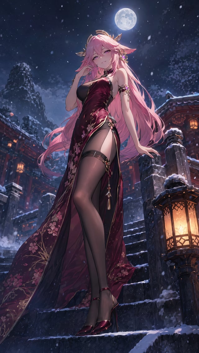 ### 八重神子｜雪夜石阶高开衩礼服用途：手机壁纸 / image2 参考图工作流正向提示词：请使用输入参考图作为角色身份参考。重点参考八重神子的粉色长发、狐耳感发型轮廓、紫粉色眼睛、金色发饰、妩媚聪