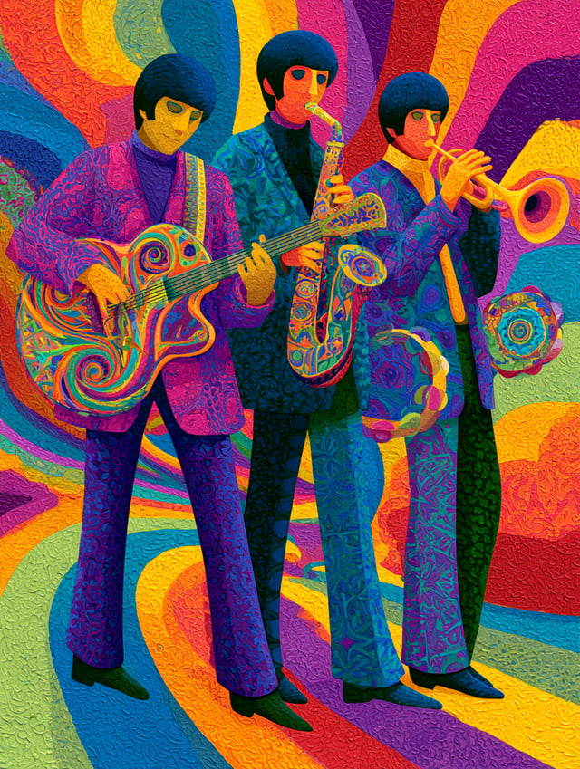 A trio of free-spirited friends, clad in bold mod attire, jam on a vibrant assortment of instruments