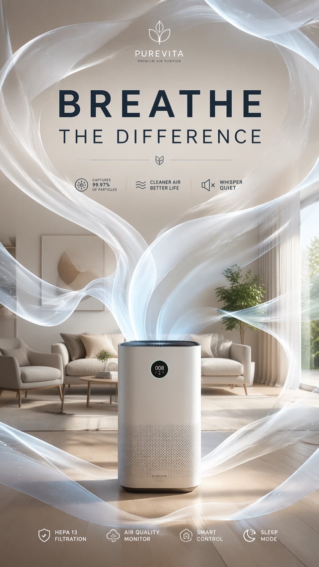 Premium Air PurifierCreative Idea:The clean air leaving the purifier becomes flowing translucent sil