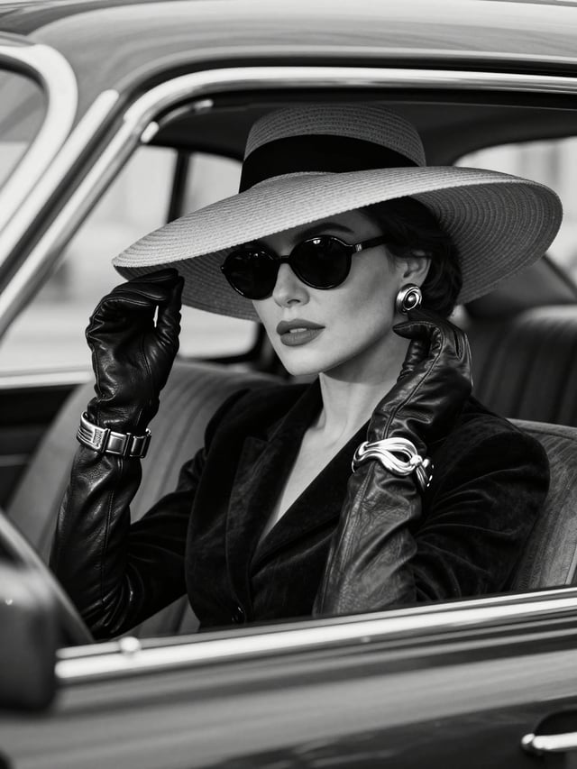 Elegant woman sitting inside a classic luxury car, wearing an oversized wide-brimmed hat, round dark