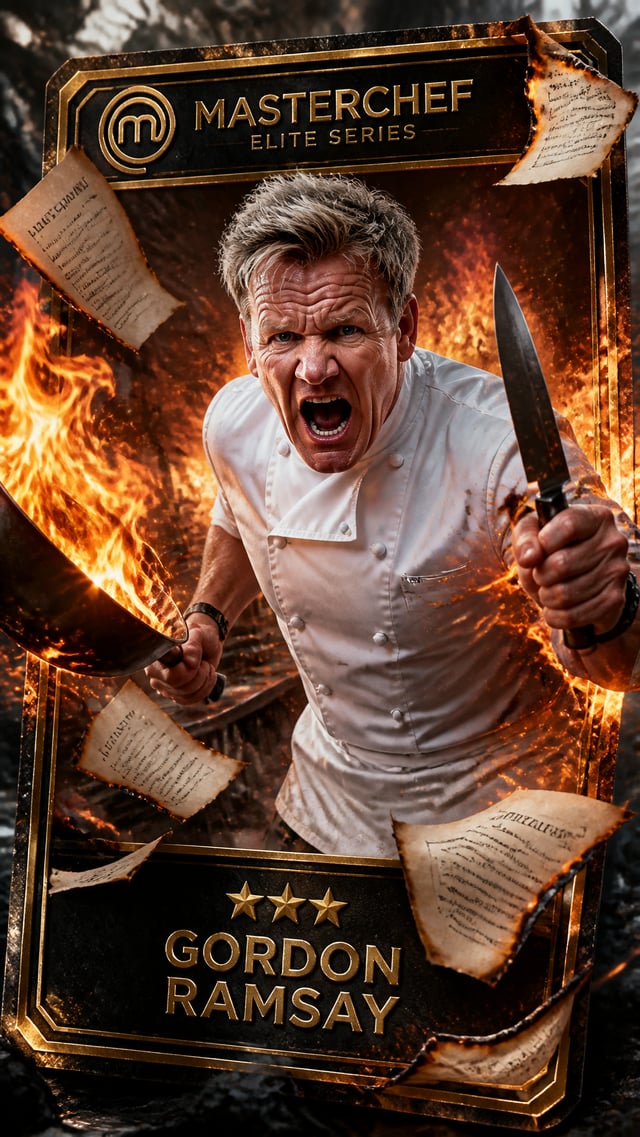 A hyper-realistic, cinematic illustration of a furious master chef mid-action, exploding out of a fl