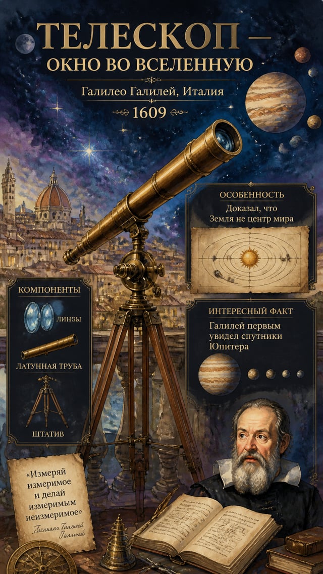 Телескоп (Галилео Галилей, 1609) — акварель звёздного неба
