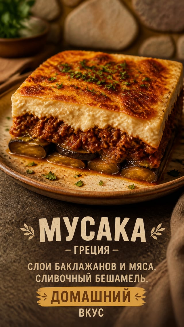 Мусака — Греция Текст на изображении: «Слои баклажанов и мяса, сливочный бешамель, домашний вкус» Пр