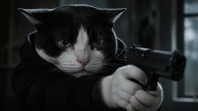16:9 横版，电影级写实拟人动物角色近景，一只黑白杂色的成年母猫作为唯一主体，具有真实猫科面部结构和自然拟人化肢体，不是卡通，不是玩偶。猫咪穿着黑色连帽外套，双爪向前伸出，双手式握住一把黑色半自动手