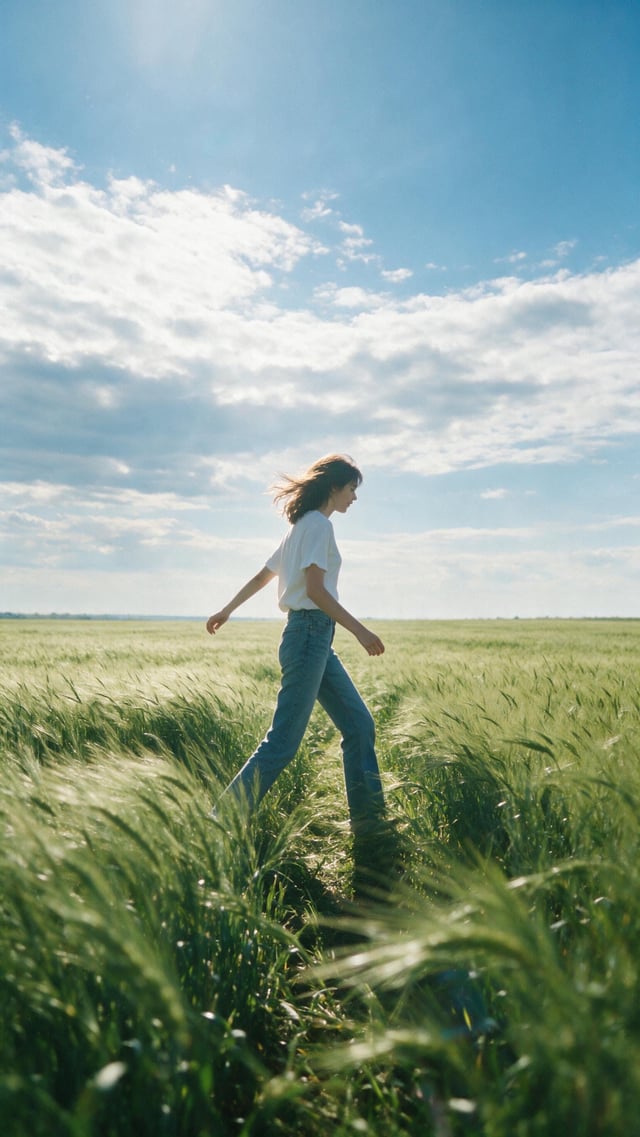 Cinematic summer environmental portrait, vertical composition. Clear blue sky with luminous layered 