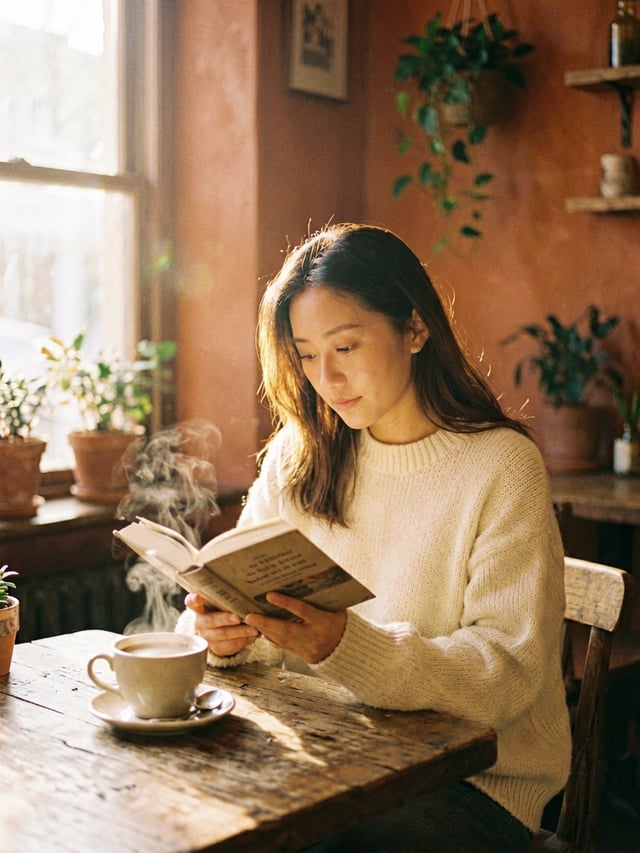 Warm cozy lifestyle photograph of a young woman with soft natural makeup reading a hardcover book in