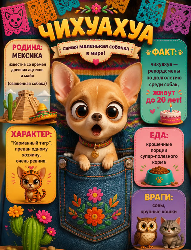 Веселая детская инфографика в стиле Pixar. Самая маленькая в мире собачка чихуахуа с огромными удивл