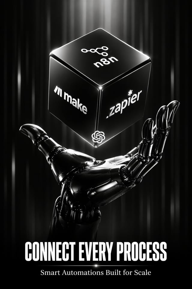 Dramatic, high-contrast black and white 3D promotional artwork featuring a sleek, glossy black robot