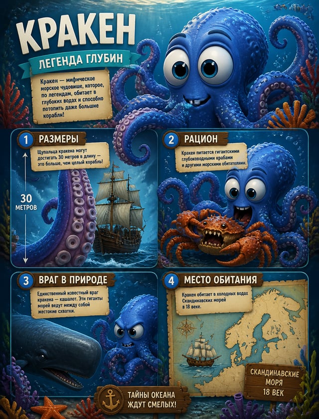Познавательная инфографика для детей в стиле Pixar. Персонаж — забавный синий осьминог Кракен с огро