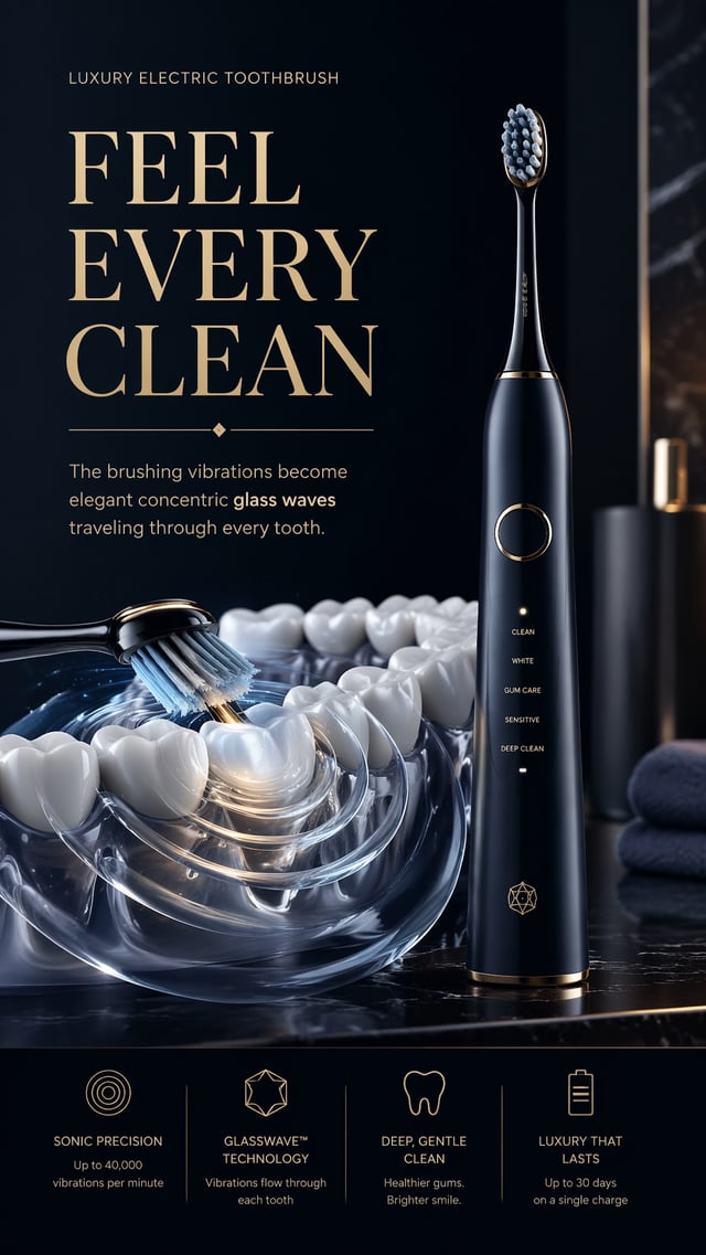 Luxury Electric ToothbrushThe brushing vibrations become elegant concentric glass waves traveling th