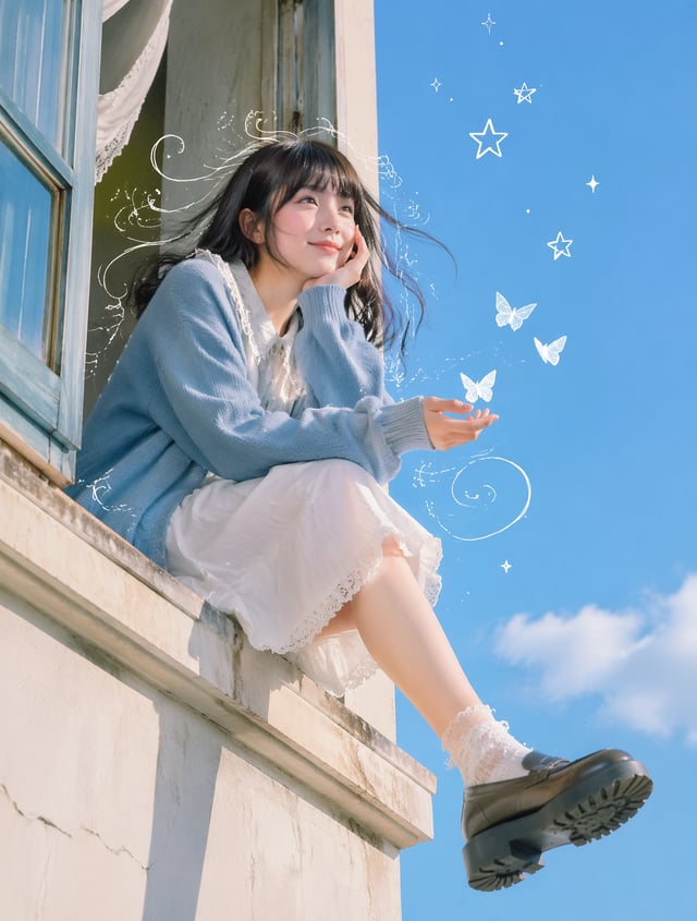 A medium low-angle shot of a joyful young woman with dark hair and straight bangs, sitting sideways 
