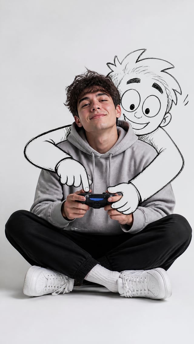 Ultra-realistic minimalist portrait of a young male gamer sitting on the floor with crossed legs, we