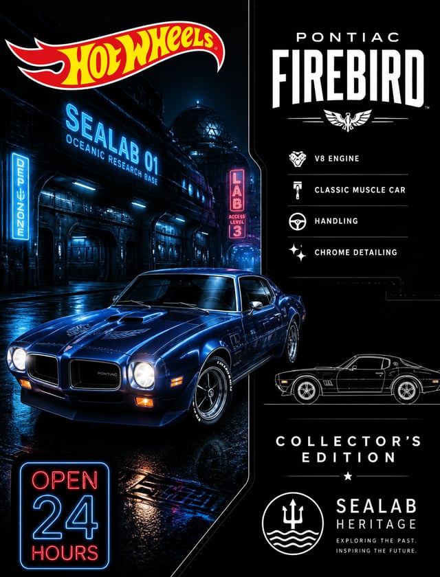 The image is a promotional poster for a Hot Wheels collector's edition of Pontiac Firebird. The back
