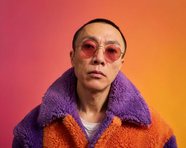 A stylish skinhead man from the reference, poses in a high-fashion aesthetic, wearing circular rose-