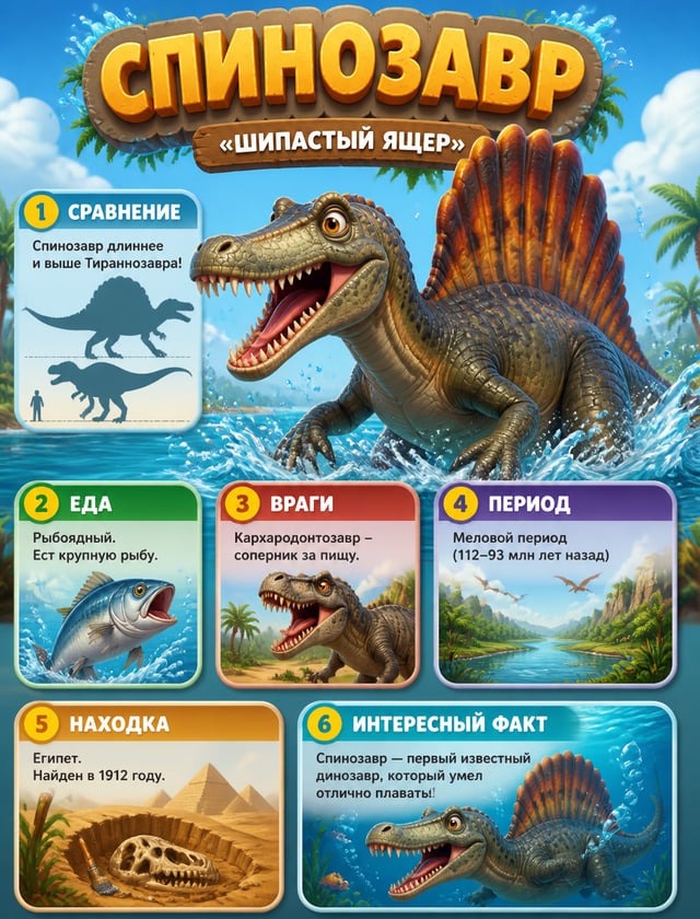 Детская инфографика, 3D-стиль Pixar. Веселый Спинозавр с огромным парусом на спине и крокодильей мор