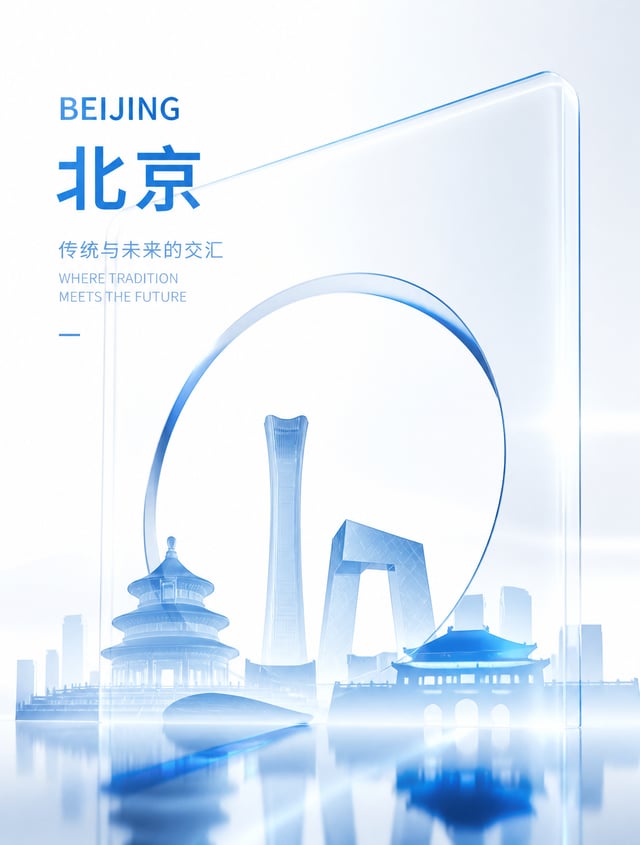 非常现代简约的玻璃质感风格的视频封面，大胆的创意，有北京建筑元素剪影，极简风格。白色，蓝色为主色调。 3：4