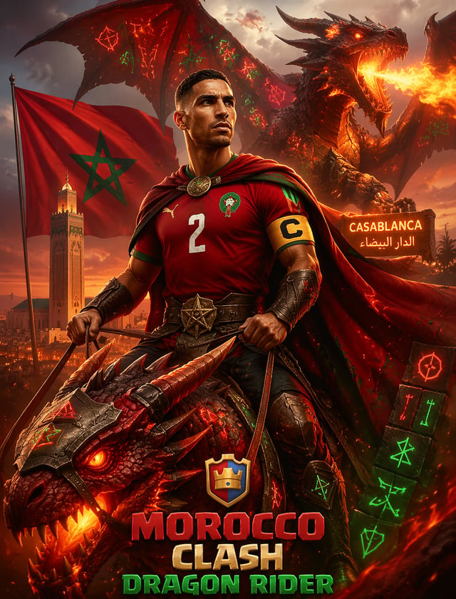 Morocco Clash Dragon RiderКапитан Марокко как наездник дракона Clash, красно‑зелёные руны, Касабланк