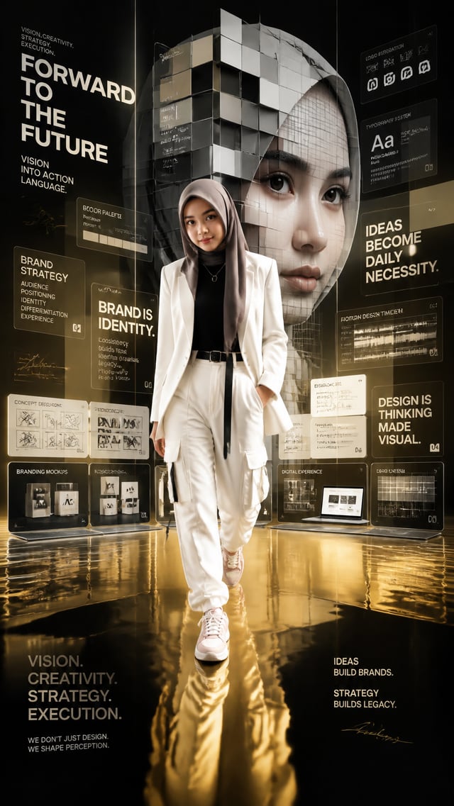 ```textA futuristic monochrome personal branding artwork featuring the character in reference image 