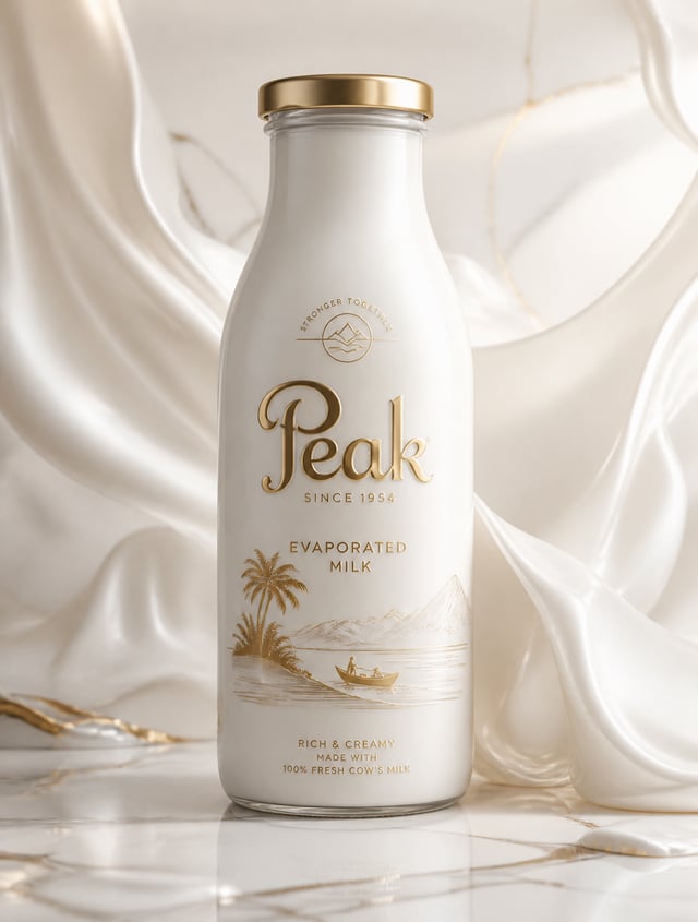 A cylindrical tin of Peak evaporated milk stands centered against a seamless, high-key white backgro