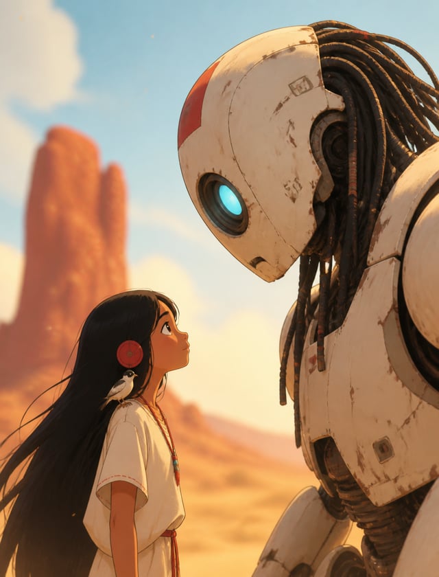 Style: 2D painterly animation, warm golden desert light, soft blue sky, blurred red rock monolith, d
