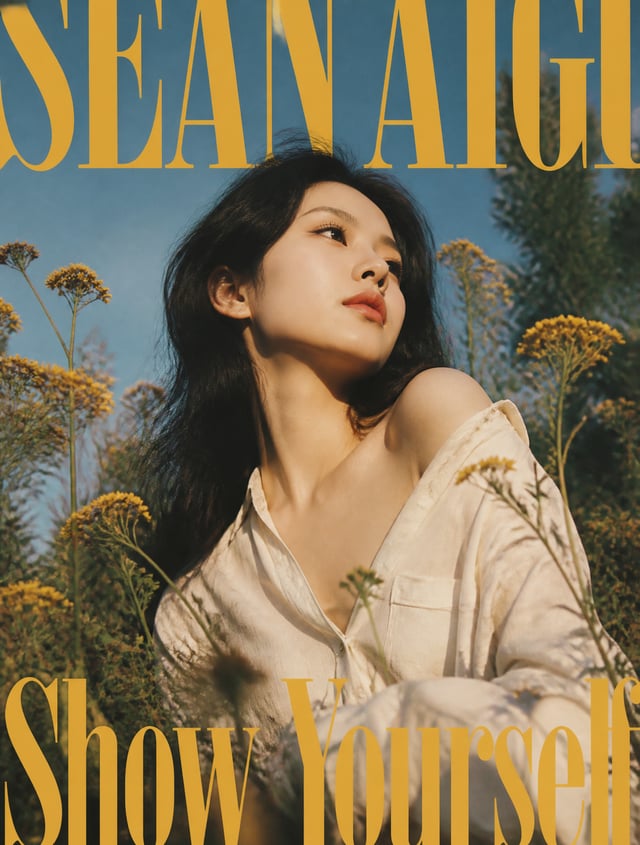 Low-angle editorial portrait of an adult Chinese woman in her mid-20s, smooth pale skin, delicate ov