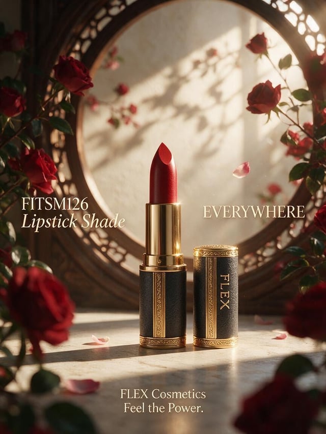 Create a premium luxury editorial cosmetic advertisement for a lipstick brand named "FLEX Cosmetics"