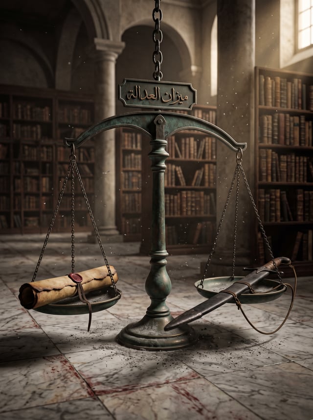 Ultra-realistic symbolic historical artwork.A magnificent ancient bronze balance.One side carries a 