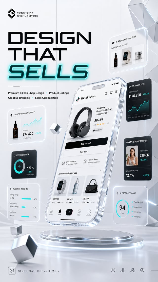 Futuristic minimalist advertising design featuring a floating transparent smartphone with holographi